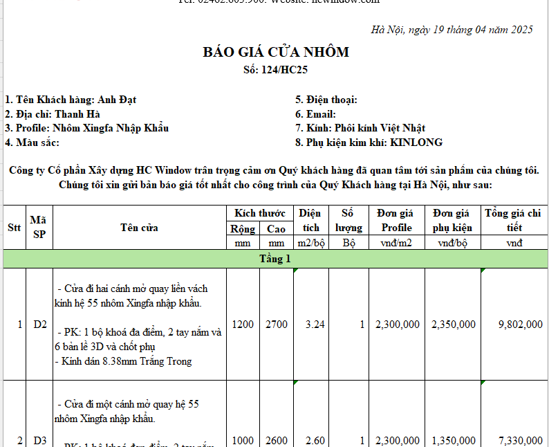 Báo giá cửa nhôm Xingfa nhập khẩu