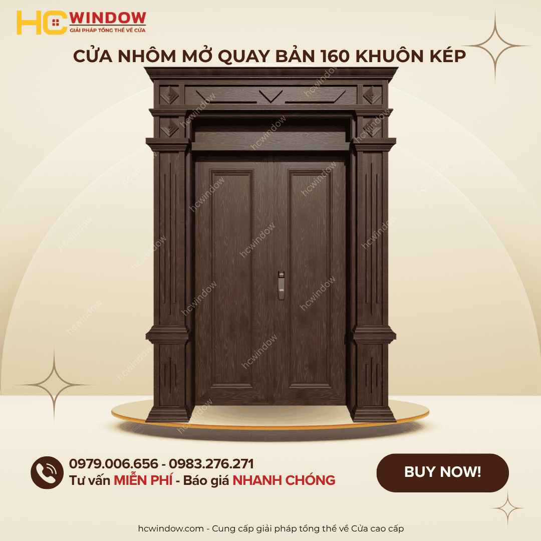 cửa nhôm mở quay bản cánh lớn khuôn bao ôm tường
